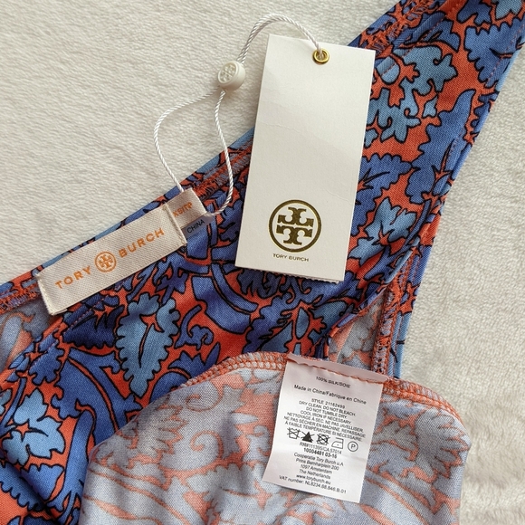 Tory Burch Dress 100% Silk Sheath Sleeveless V-Neck Floral Blue Coral XS NWT - Picture 12 of 14